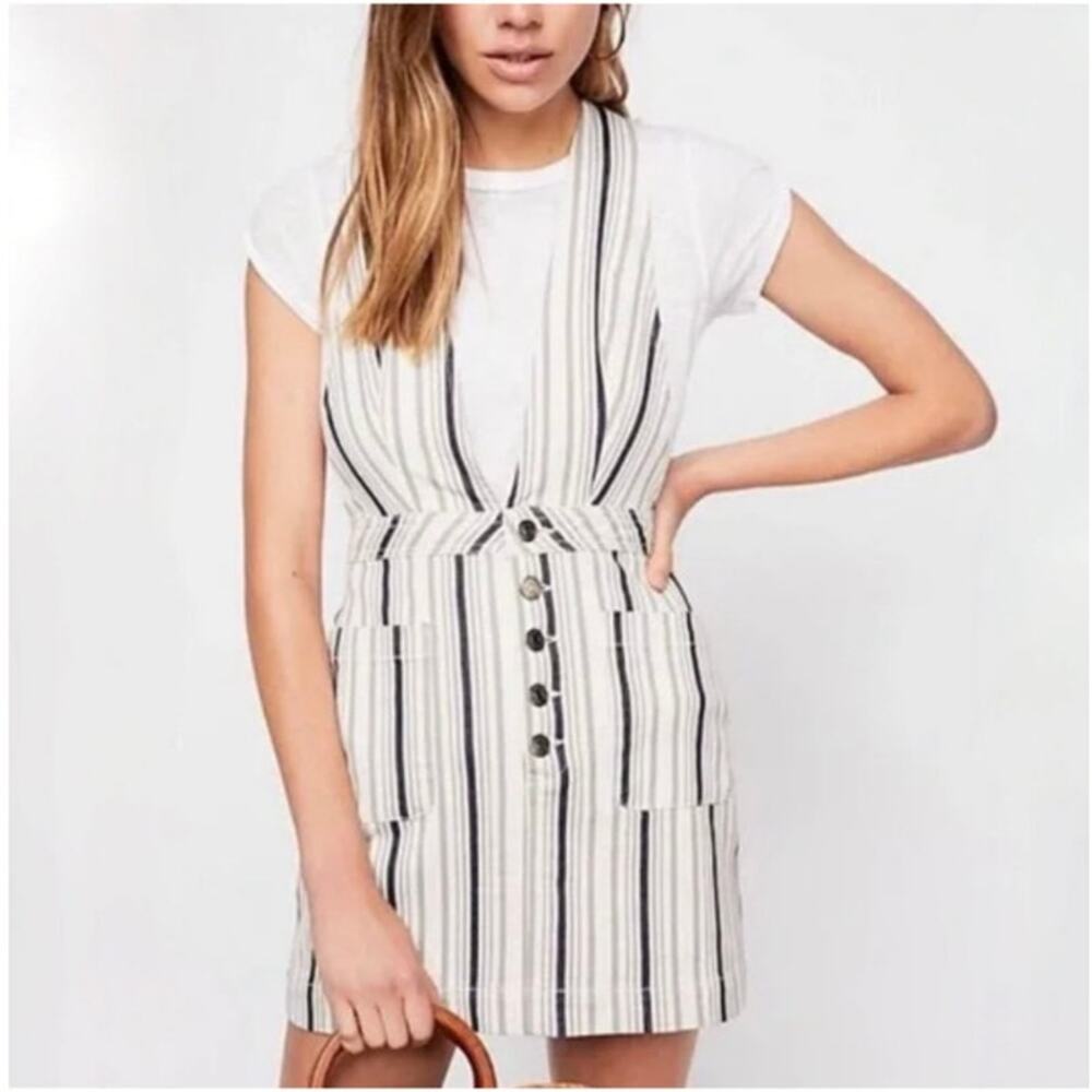 Free People Old School Love Striped Overall Jumper Mini Dress Cream Size 8